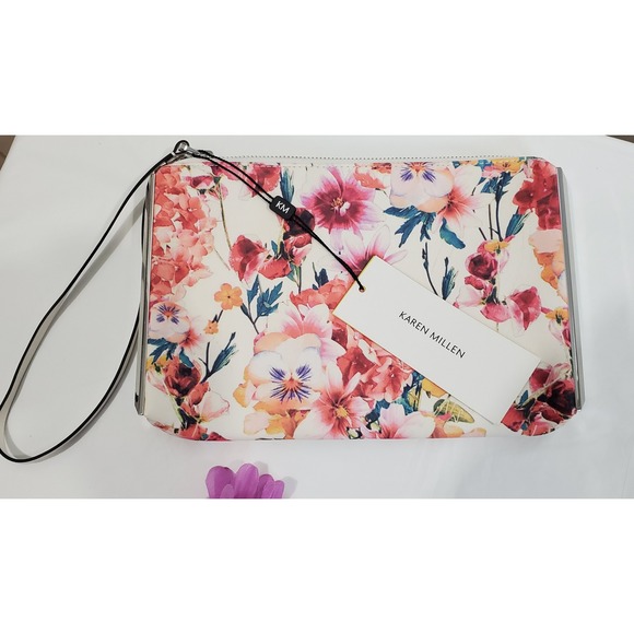 Karen Millen Floral Clutch Wristlet Bag Cream Pink Roses Designer Evening - Picture 2 of 14
